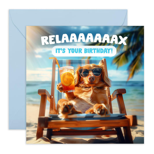Greeting Card - 'RELAX SAUSAGE DOG BIRTHDAY' - Perfect for Dachshund Lovers & Fun Birthdays - Adds a Cozy Playful Touch to Celebrations - Ideal for Pet and Dog Fans - Comes With Stickers By Central 23