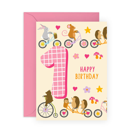 1st Birthday Card Boys Girls - Children Age 1 Animals On Bike - Baby Milestone Cards Age One - First Birthday Cards - Animal - Gifts For Son Daughter Niece Nephew - Comes With Stickers By Central 23