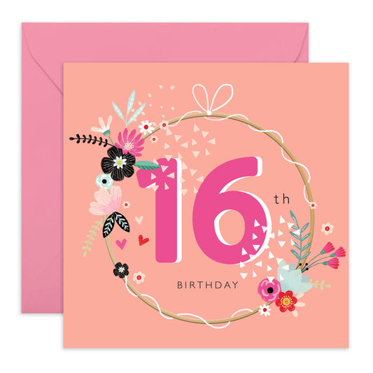 Sixteen Birthday Cards For Kids - Pink 16th Birthday Wreath - Happy Birthday Card For Daughter Granddaughter Niece - Bday Card - Girl Birthday Card 16th Year Old - Comes With Stickers By Central 23