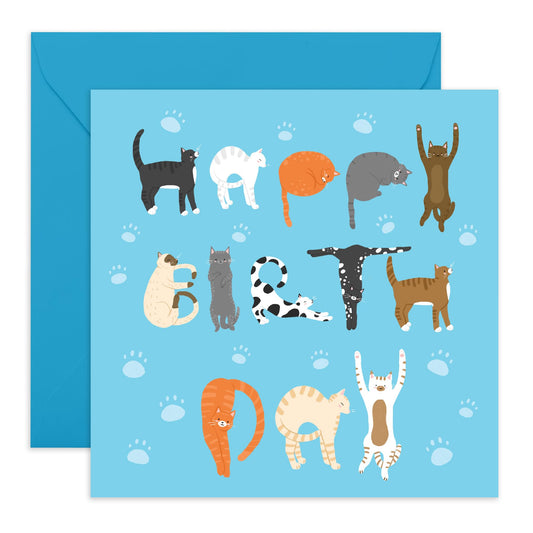 Cute Cats Birthday Card - 'Cats Happy Bday' - Gift for Cat Lovers, Owners, Fur Parents, Fur Mum and Dad, Kids, Children - Cat Letterings - Comes with Fun Stickers