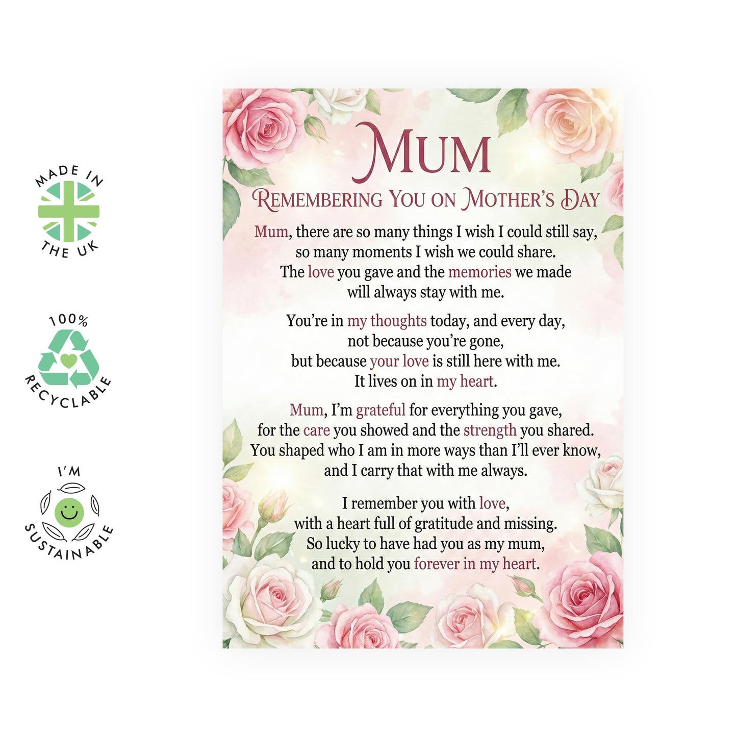In Loving Memory Mother's Day Card - ‘Forever in My Heart’ Remembrance Poem - Memorial Greeting Card for Mum in Heaven - Pink Rose Floral Design - Includes Premium White Envelope