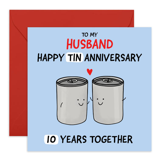 Cute 10th Anniversary Day Card - 'Husband Tin Anniversary' - Romantic Gifts for Hubby, Partner, Other Half, Married Couples, Him - Through Thick and Tin - Comes with Fun Stickers