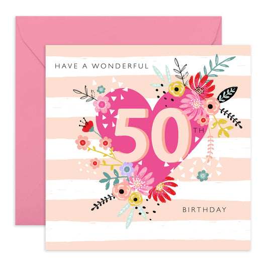 Floral Birthday Card For Women Age 50 - 50th Floral Heart - Happy 50th Birthday Cards For Mum Mummy Wife - Gifts For Friends Aunt Auntie - From Son Daughter - Comes With Fun Stickers By Central 23