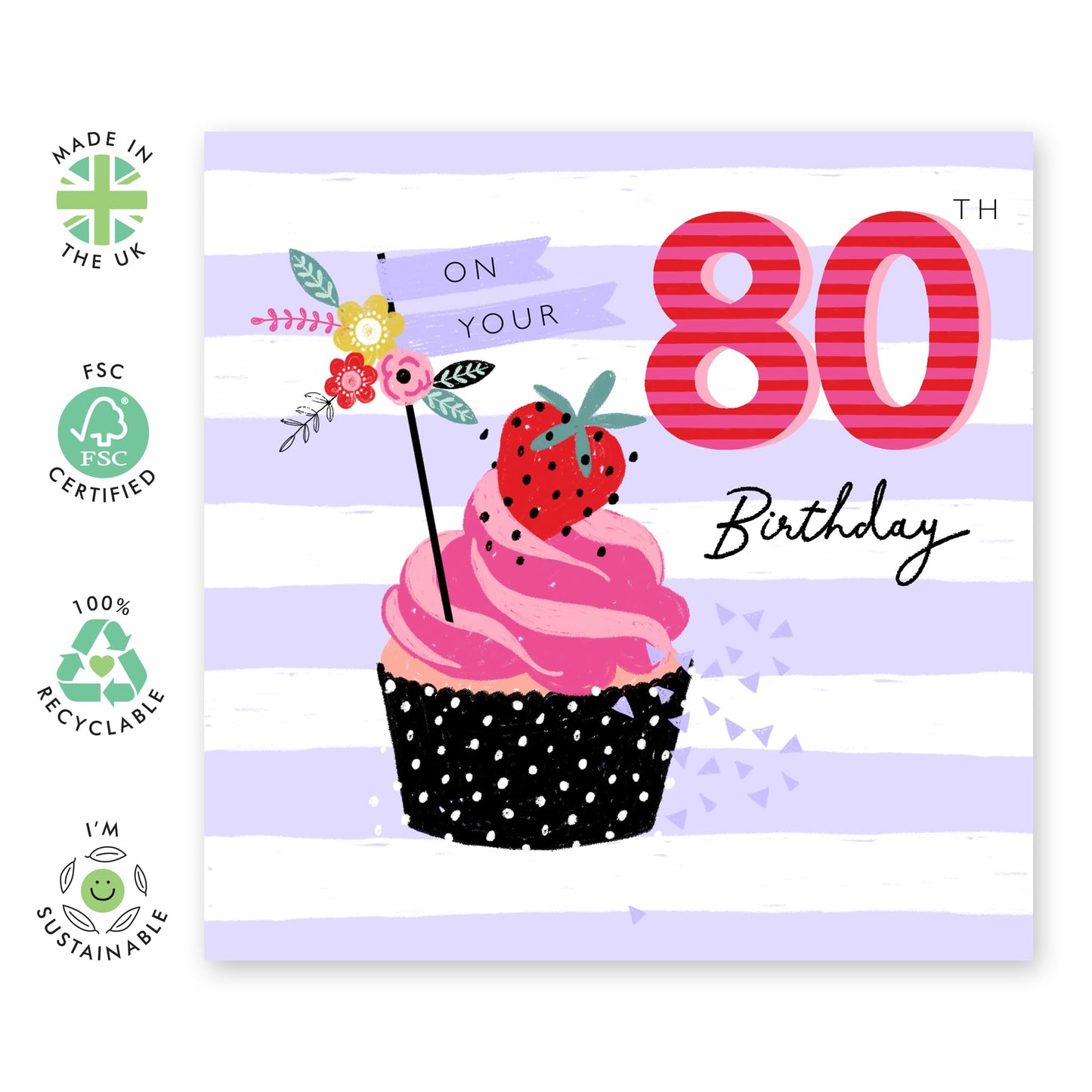 80th Birthday Card For Grandma - 80th Strawberry Cupcake - Grandmother Birthday Greeting Card - Gifts for Women - Happy Eightieth Birthday Cards For Grandmum - Comes With Fun Stickers By Central 23