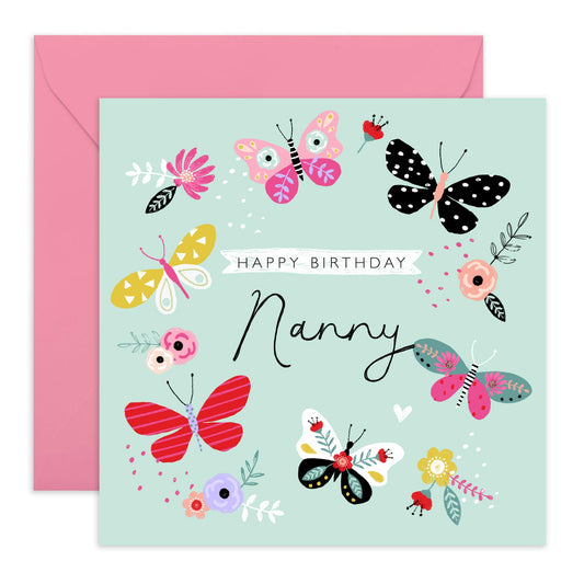 Butterfly Birthday Card For Nanny - Special Grandma Gifts For Her - Flowers Cards For Women - Pretty Greeting Cards For Women Nana Grandmother - Comes With Fun Stickers - By Central 23
