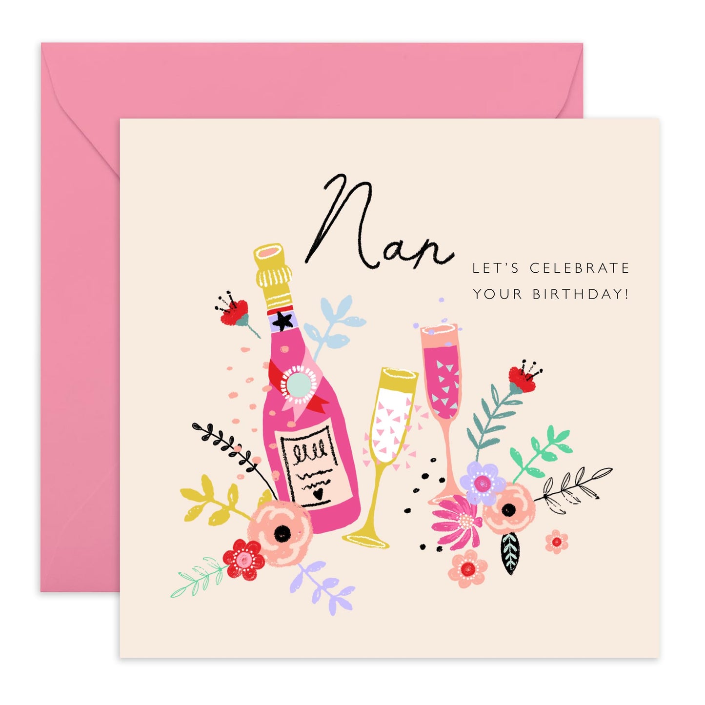 Nan Birthday Card For Women - Champagne Celebration - Granny Greeting Cards Flowers - Nanny Gifts For Her - Grandmother Birthday Cards Elegant - Comes With Fun Stickers By Central 23