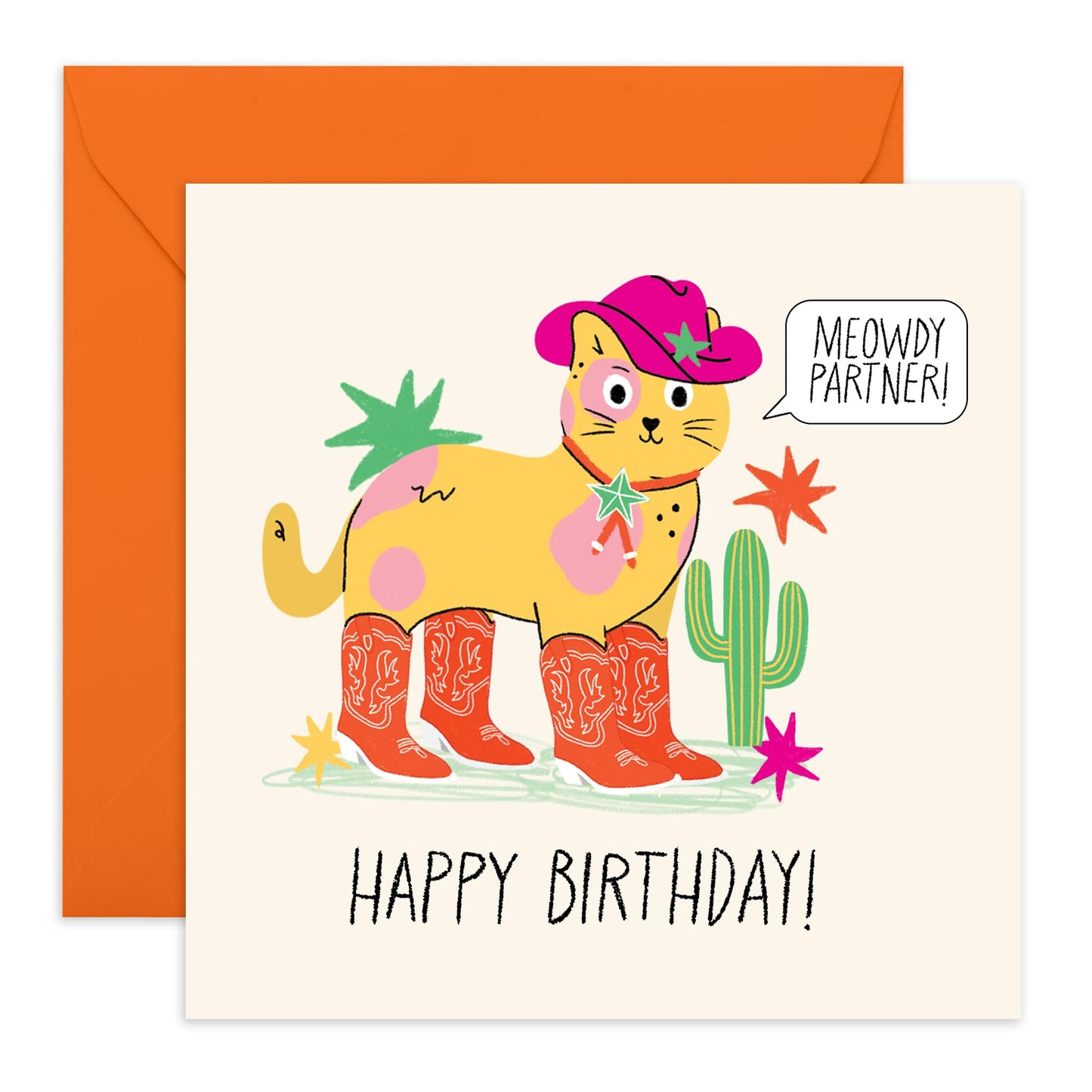 Cute Cat Birthday Card - 'Meowdy Partner' - Funny Gift for Besties, Best Friends, Mates, Buddies,Bro, Bruv, Sister, Sis, Girlfriend, Boyfriend - Cute Cat in Boots - Comes with Fun Stickers