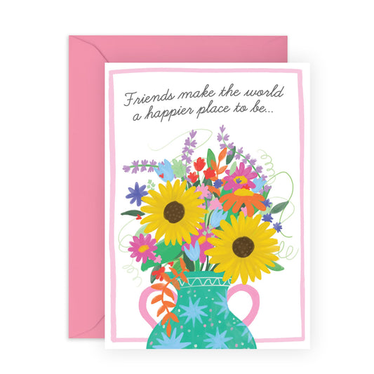 Friendship Greeting Card - 'Floral Friends Happier 3' - Gift for Besties, Best Friends, Colleagues, Coworkers, BFF, Cousin, Coworkers, Sis, Family - Happiness - Comes with Fun Stickers