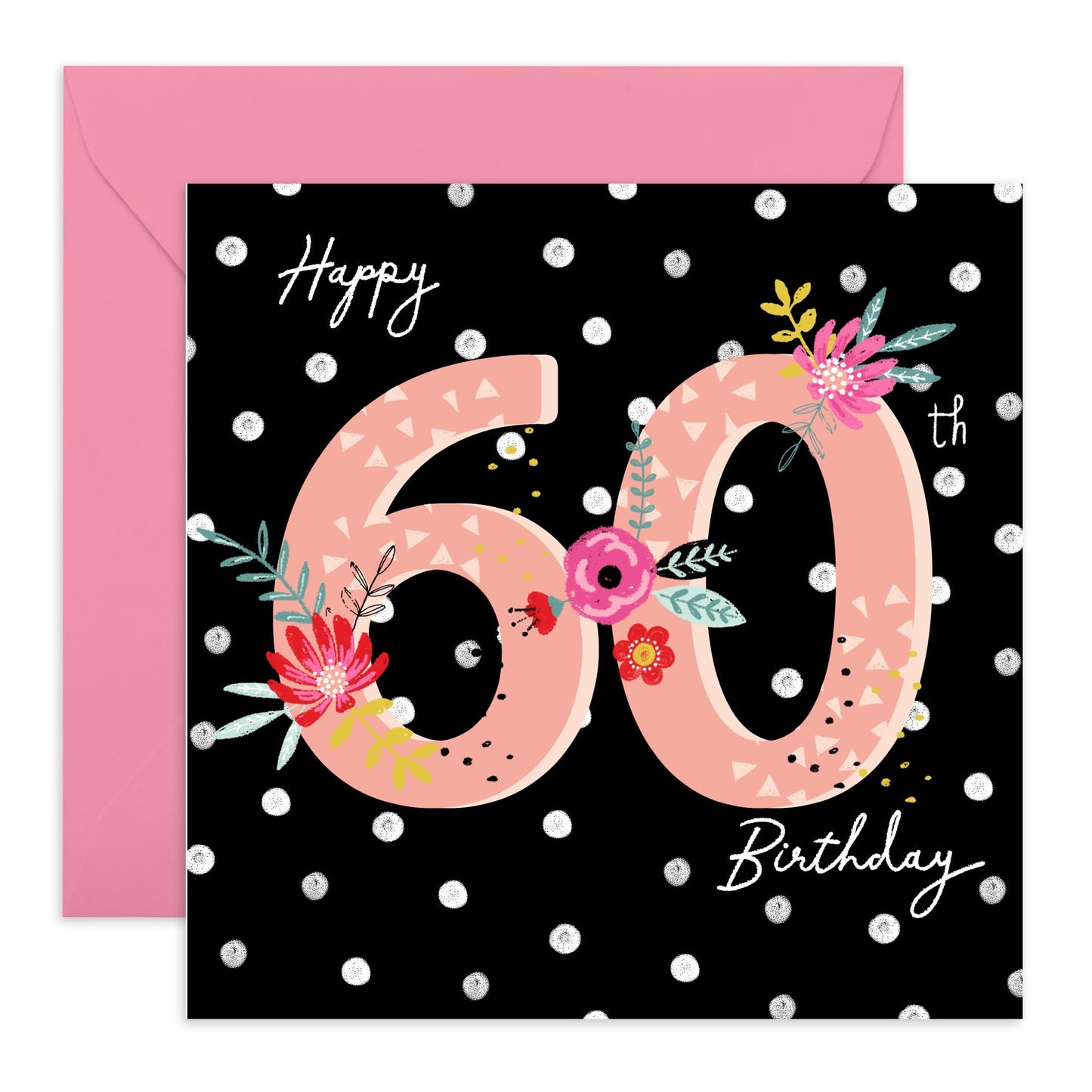 Happy 60th Birthday Cards For Women - Sixty Year Old Gifts For Mum Wife Friends - Nan Birthday Card - Black Polka Dots Floral - Elegant Milestone Cards - Comes With Stickers By Central 23
