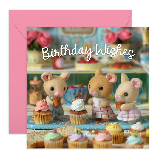 Greeting Card For Him And Her - Birthday Wishes Little Cupcake Animals - Men Women Birthday Card - Greeting Card For Adult - Him Her Birthday Greeting Card - Comes With Stickers By Central 23