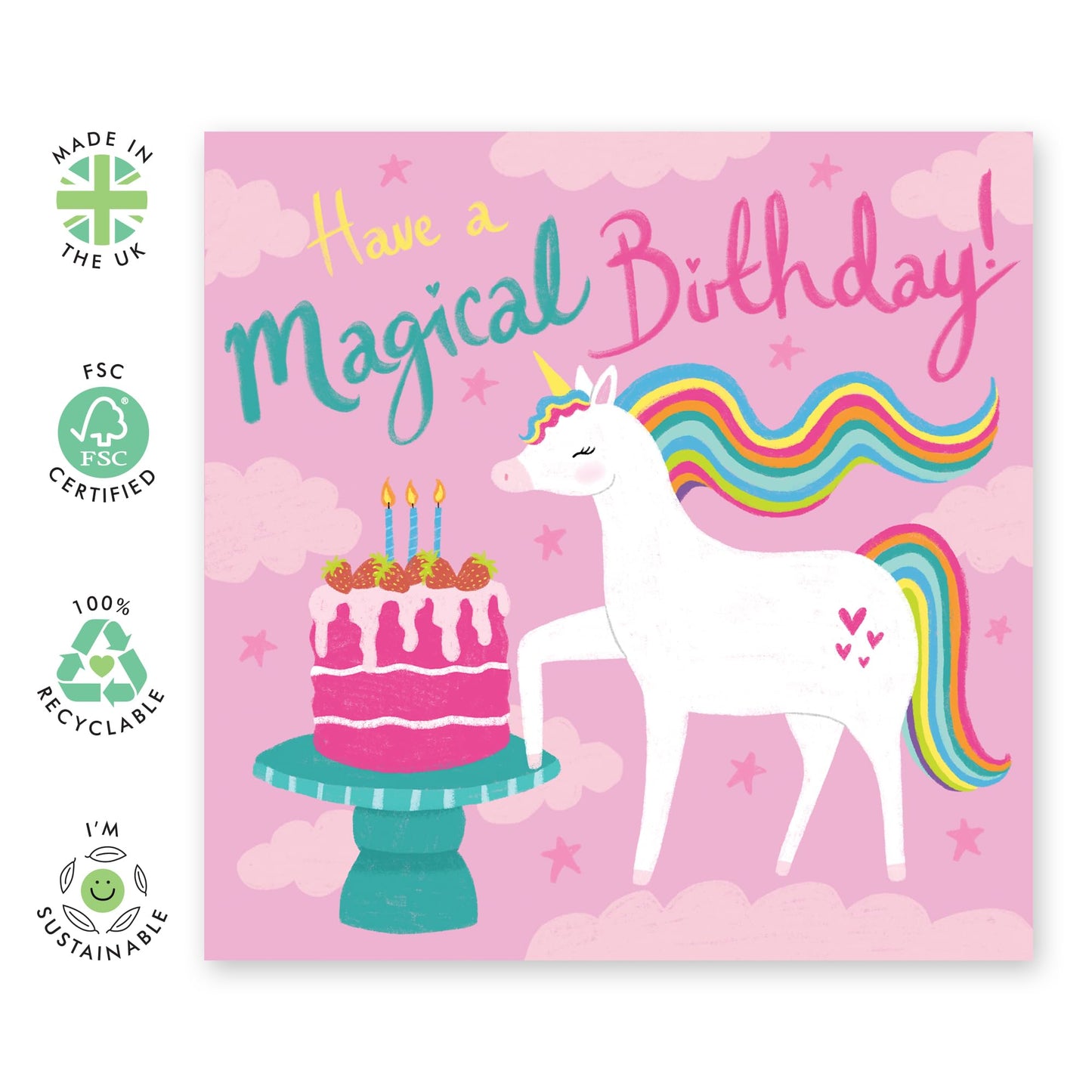 Cute Magical Birthday Card - 'Magical Unicorn Birthday' -Presents for Girls, Kids, Daughters, Toddlers, Children, Granddaughter - Pink Cake - Comes with Fun Stickers