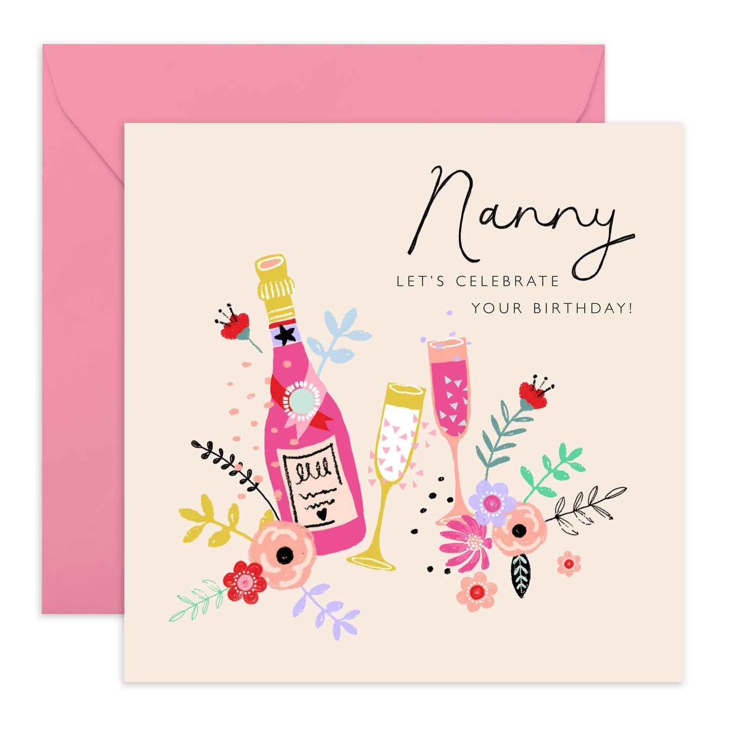 Happy Birthday Cards For Nanny - Champagne Celebration - Floral Grandma Gifts Presents For Her - Greeting Cards For Women Nana Grandmother - Comes With Fun Stickers - By Central 23