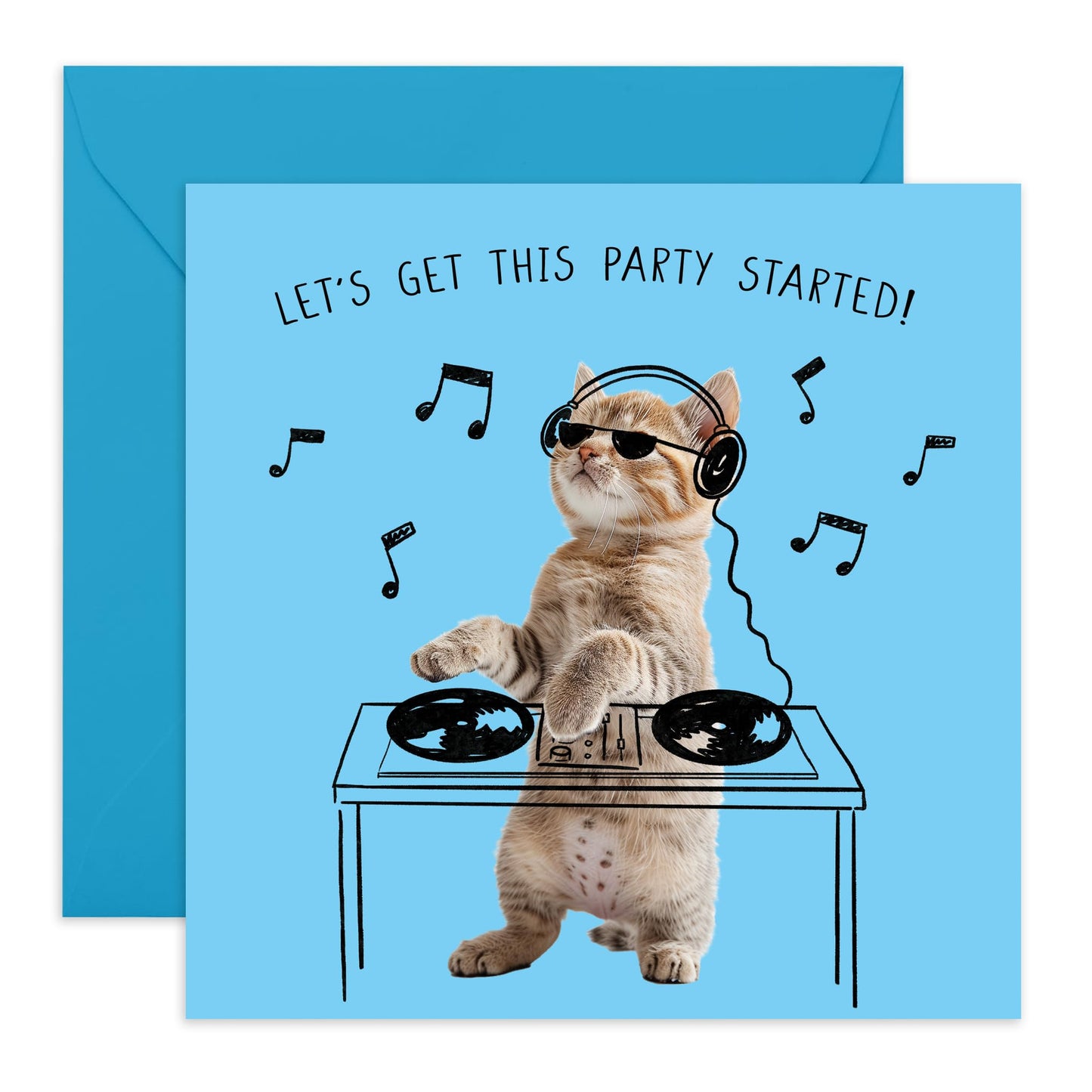 Birthday Card - 'DJ CAT PARTY STARTED' - Perfect for Kicking Off the Celebration with a Feline Twist - Ideal for Adding a Fun and Groovy Touch to Their Special Day - Comes With Stickers By Central 23