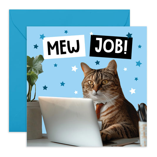 Cute Congratulations Card - 'Mew Job - Cat Greeting to Coworkers, Friends, Buddy, Officemate, Employee, Colleagues - Office Cat - Comes with Fun Stickers