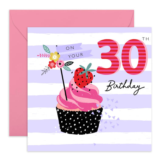 30th Birthday Card For Her - 30th Birthday Cupcake - Wife Mum Mummy - Sister - Birthday Card - Bday Card - Happy Thirtieth Birthday Greeting Card For Friends - Comes With Stickers By Central 23