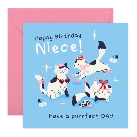 Cute Birthday Card - 'Purrfect Cat Niece' - Presents for Relatives, Family, Her from Uncle or Auntie - Cat Meows - Comes with Fun Stickers