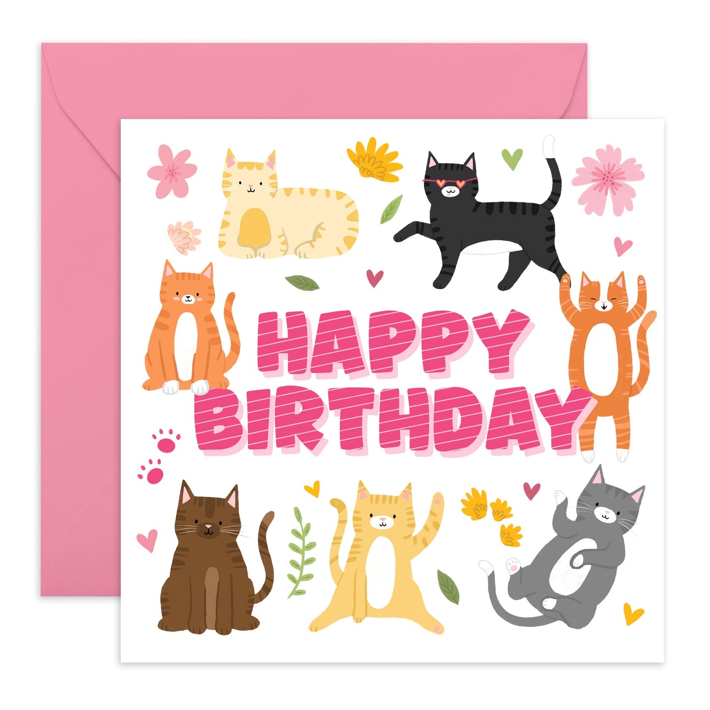 Charming Birthday Card with Lots of Cats - 'HAPPY BIRTHDAY' - Perfect for Cat Lovers - Ideal for Celebrating Birthdays with Feline Friends - Includes Envelope and Stickers by Central 23