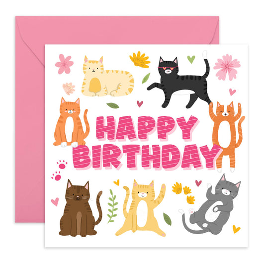 Charming Birthday Card with Lots of Cats - 'HAPPY BIRTHDAY' - Perfect for Cat Lovers - Ideal for Celebrating Birthdays with Feline Friends - Includes Envelope and Stickers by Central 23