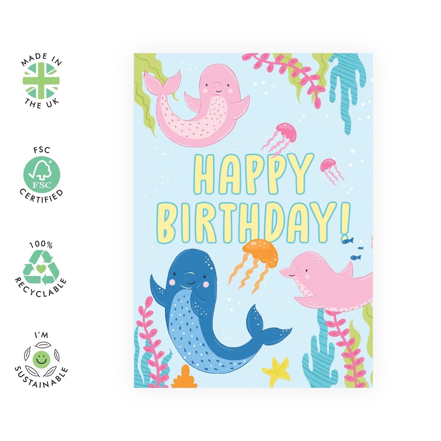 Happy Birthday Card Kids - Cute Dolphins Pink Blue Green - Girl Birthday Card - Boy Birthday Card - Gifts For Granddaughter Son Godson Niece Nephew - Comes With Fun Stickers By Central 23