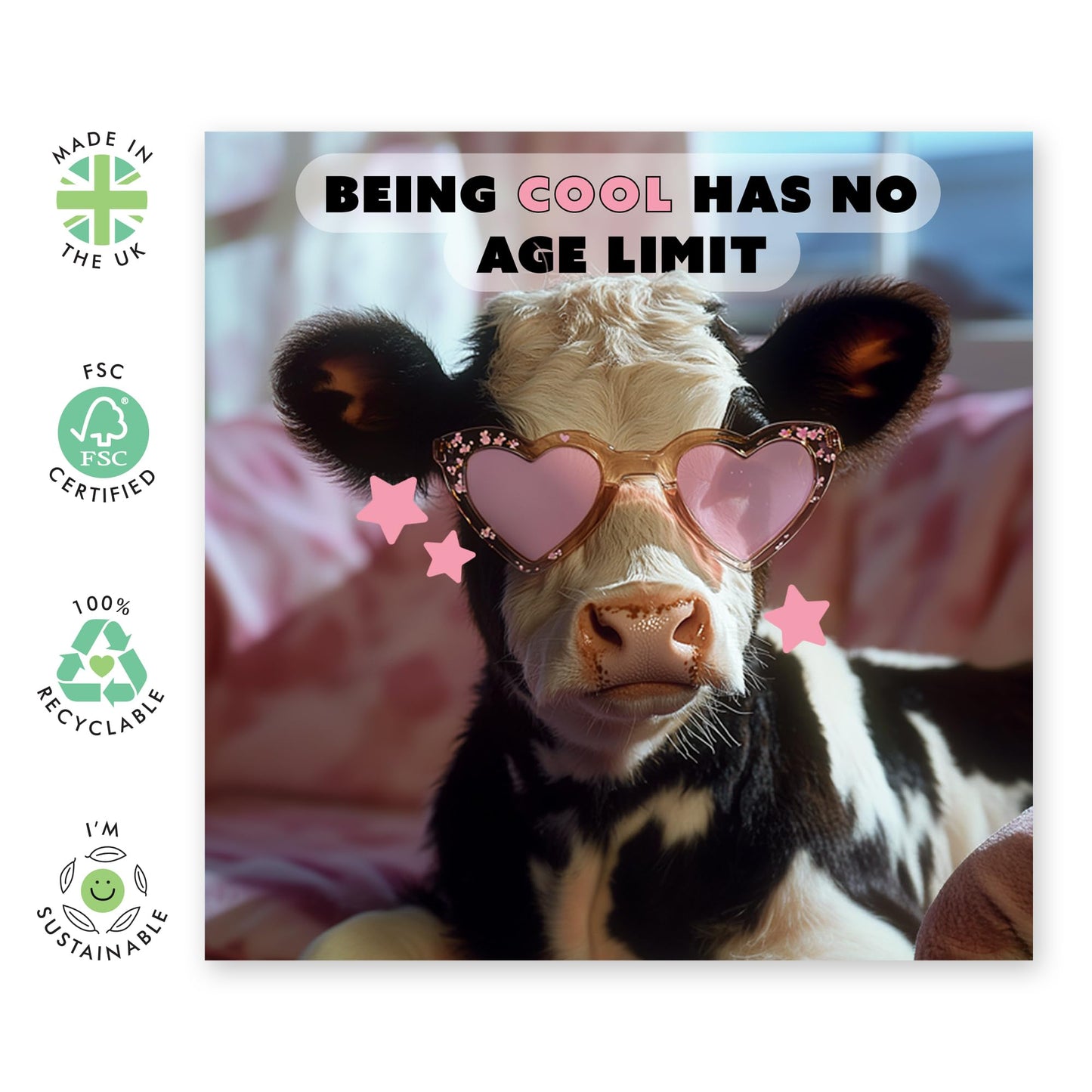 Funny Birthday Cards For Women - Being Cool Has No Age Limit Cow - Sister Birthday Cards - Mum Birthday Card - Hilarious Gifts For Her Female Friends - Comes With Cute Stickers By Central 23