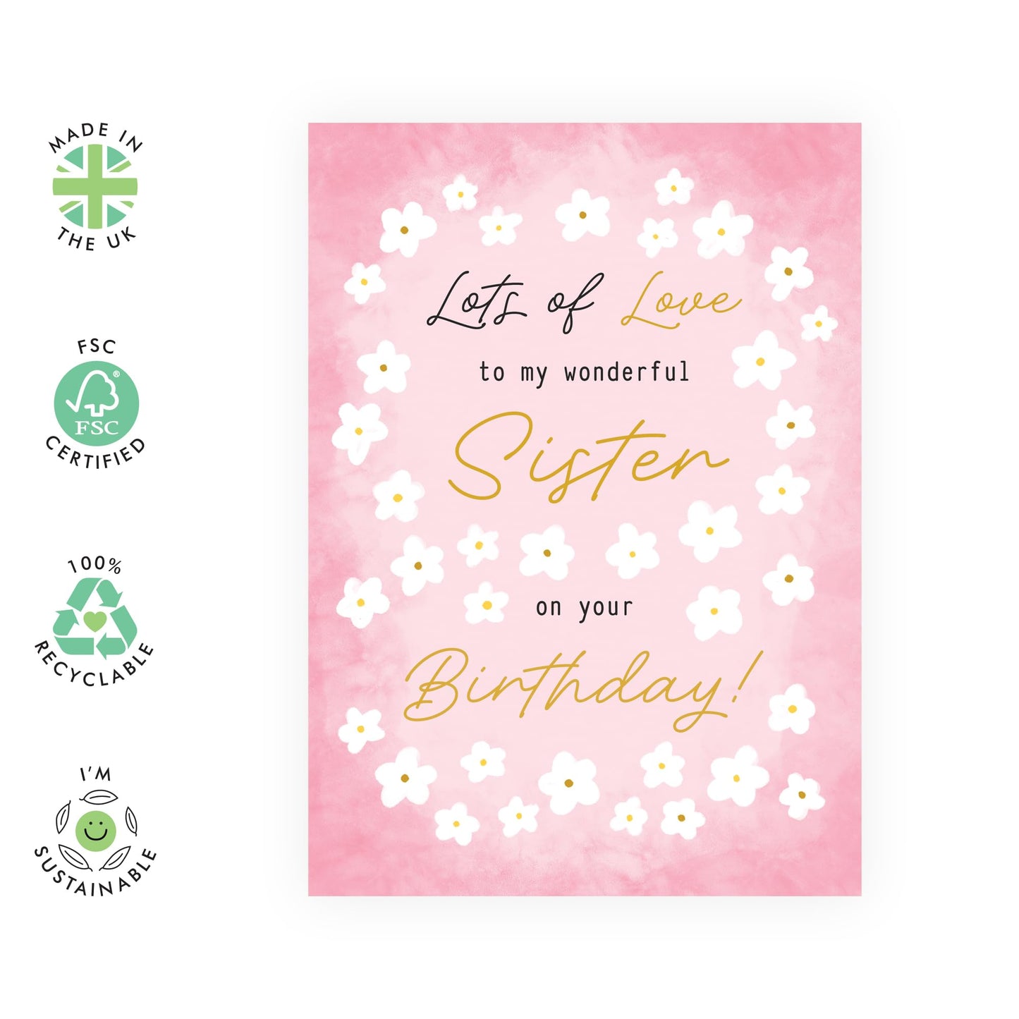Floral Birthday Card for Her - "Wonderful Sister Flowers" Gifts for Sis, Sibling, Family, Women, Ladies, Girls - Beautiful and Pink -Comes with Fun Stickers