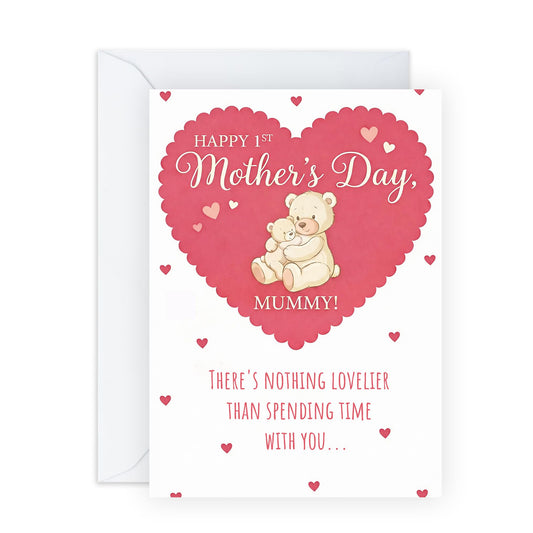 1st Mother’s Day Card – Cute Happy First Mday - Greetings for Mummy Mums Wife Sister Friend Bestie Daughter Her Women Ladies - Cute Teddy Heart Design - Comes with Adorable Stickers