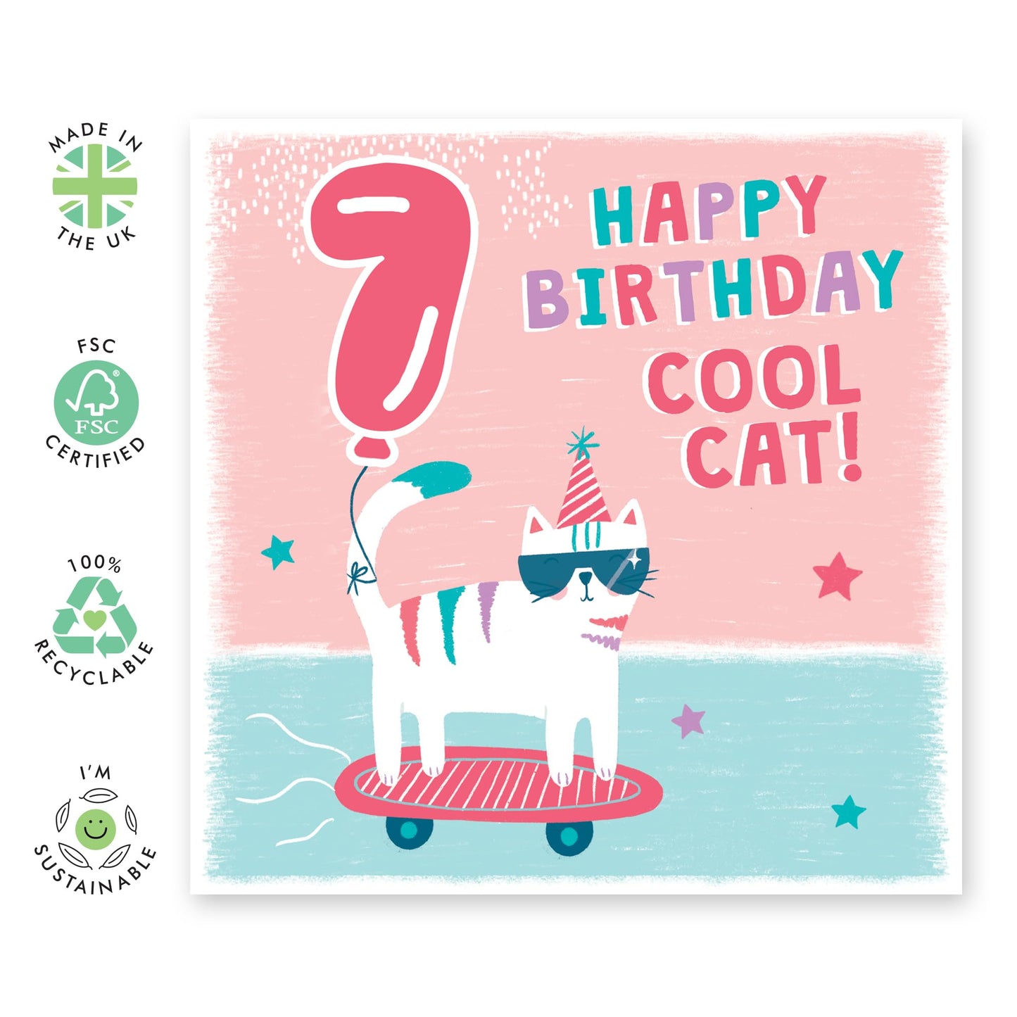 Cat Birthday Card Age Seven - Happy 7th Birthday Card Boy Girl Toddler - Seventh Bday Greeting Cards Milestone - Gifts For Him 7 Year Old Grandson - Comes With Cute Stickers By Central 23