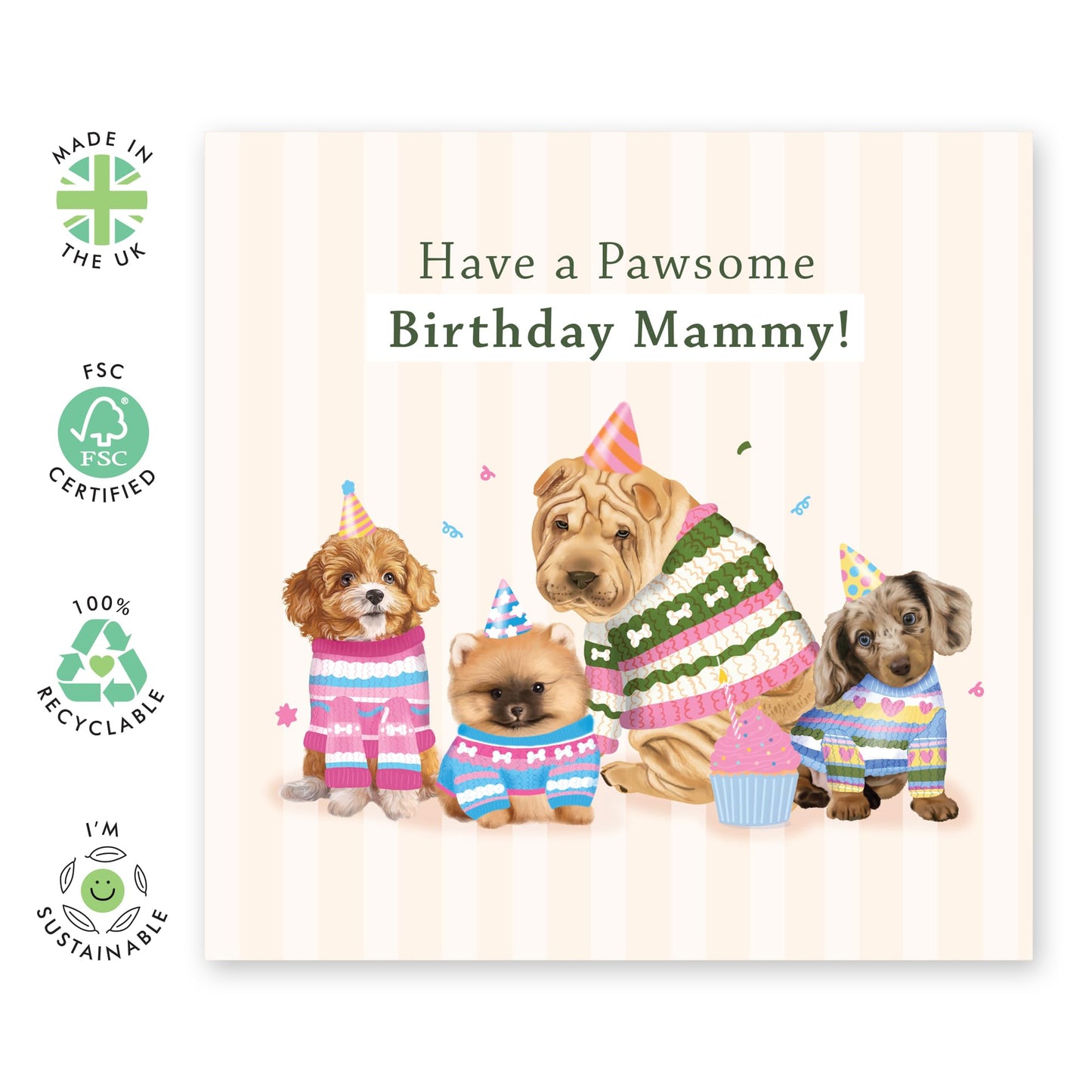 Adorable Dogs Birthday Card - 'Pawesome Birthday Mammy' - Gifts for Fur Mums, Best Friend, BFF, Colleagues, Co-worker, Animal, Pet Lover, Mother - Bday Hats - Comes with Fun Stickers