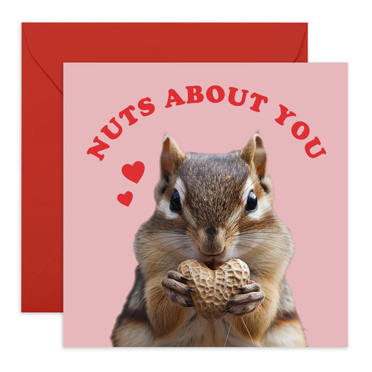 Cute Romantic Greeting Card - 'Nuts About You' - Funny Gift for Wife, Husband, Girlfriend, Boyfriend, Married Couple - Heart Shaped Nut - Comes with Fun Stickers