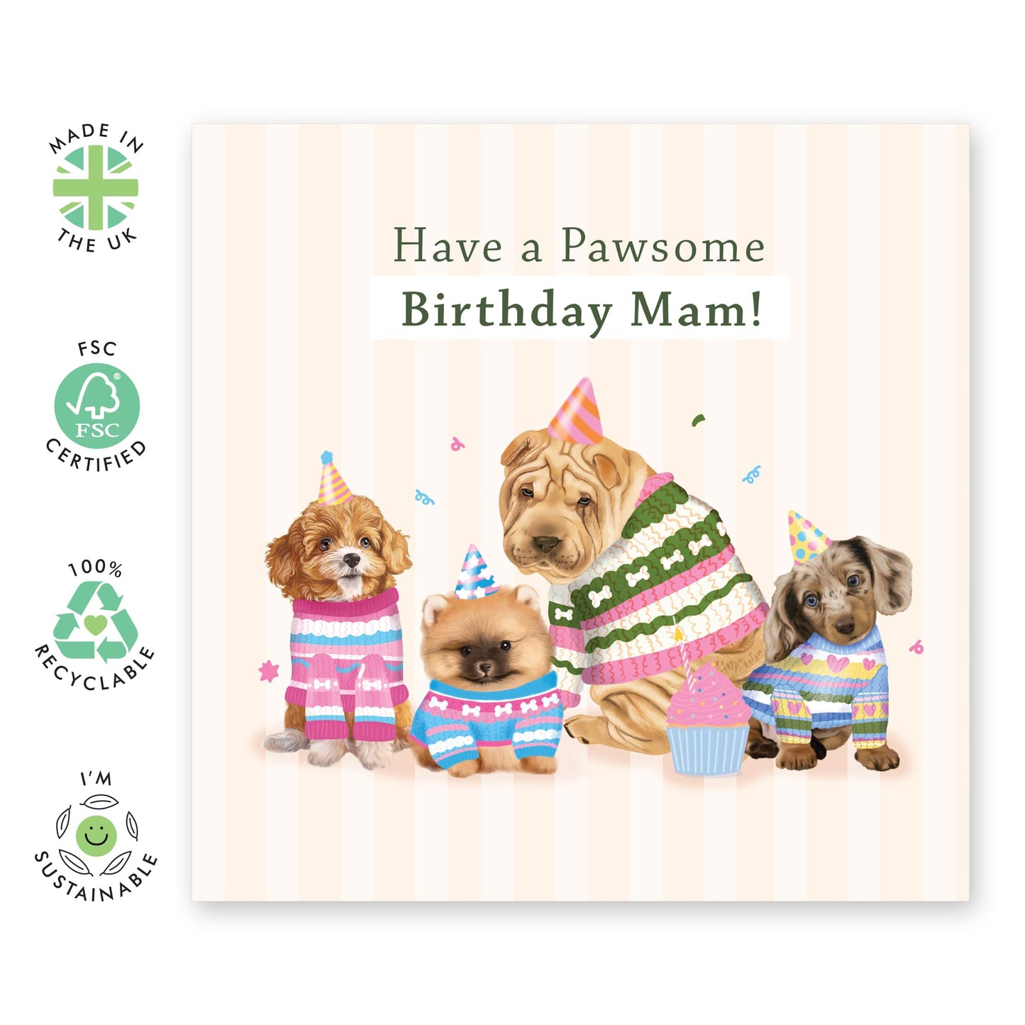 Adorable Dogs Birthday Card - 'Pawesome Birthday Mam' - Gifts for Mum, Mother, Mammy, Mama - Bday Hats - Comes with Fun Stickers