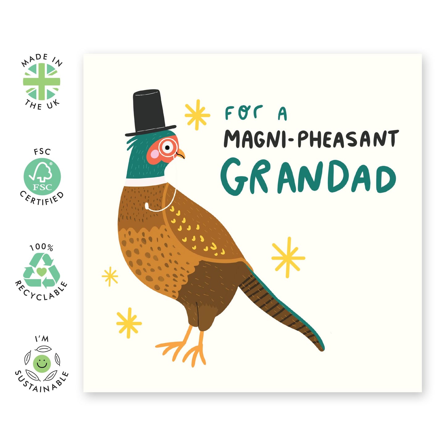 Grandad Birthday Cards - For A Magni-PHEASANT Grandad - Father's Day Card For Grandpa - Funny Grandfather Gifts For Him - Bird Pun Humour - Comes With Fun Stickers By Central 23