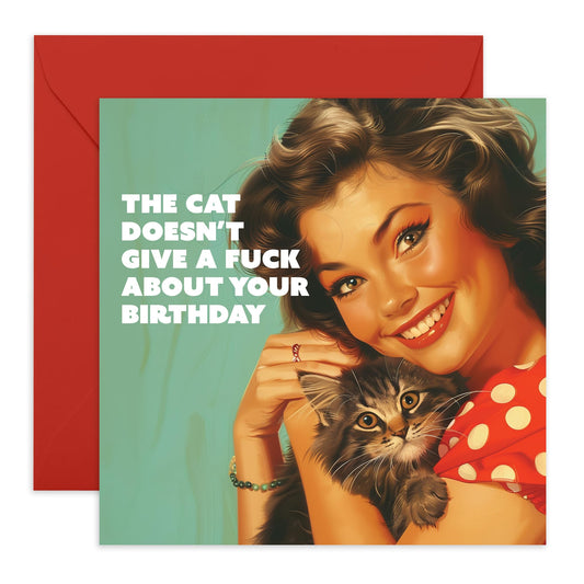 Funny Birthday Card - 'Cat Doesn't Give An F' - Hilarious Greetings for Him, Her, Friends, Buddies, Cat Lovers & Pet Owners - Jokes for your Birthday - Comes with Fun Stickers