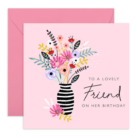 Flower Bouquet Card For Friends - Friend Birthday Card For Women - Pink Flower Vase - Floral Gifts For Her - Happy Birthday Greeting Cards For Female Friends - Comes With Cute Stickers - By Central 23
