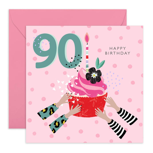 Womens Birthday Card Age Ninety - 90th Birthday Card For Her - Bday Cupcake - Ninetieth Birthday Cards For Women - Gifts For Nan Aunt Mum Grandma - Comes With Fun Stickers - By Central 23