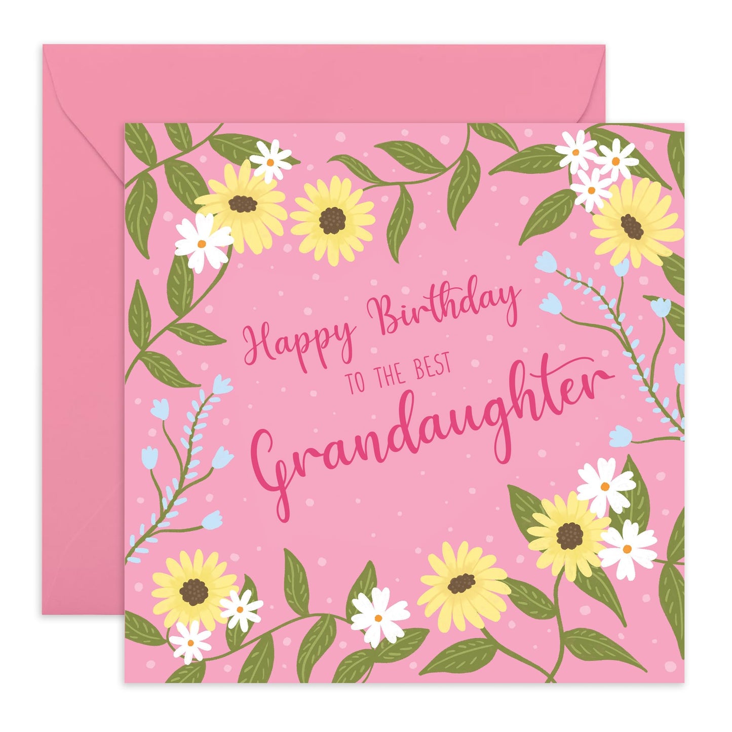 Sweet Birthday Card - 'Birthday Grandaughter' - Cute Gifts for Grandkids, Daughter, Girls, Children From Nana, Grandma, Grandmother - Pink and Flowers - Comes with Fun Stickers
