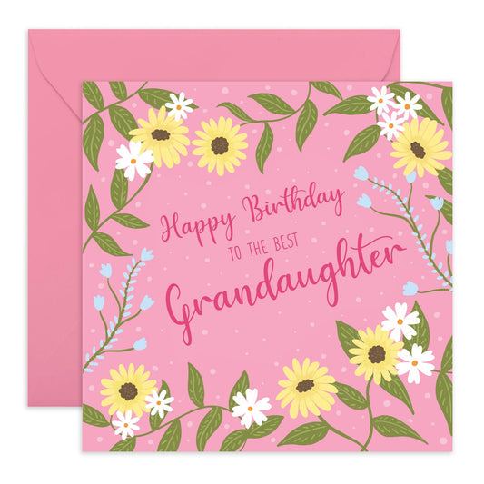 Sweet Birthday Card - 'Birthday Grandaughter' - Cute Gifts for Grandkids, Daughter, Girls, Children From Nana, Grandma, Grandmother - Pink and Flowers - Comes with Fun Stickers