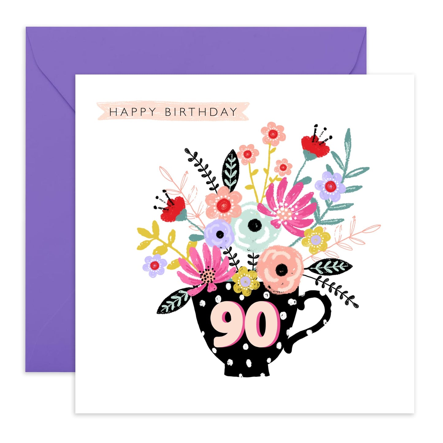 Happy 90th Birthday Card For Women - Ninety Year Old - Grandma Birthday Card - Elegant Birthday Cards For Her Ninetieth - Floral Gifts For Nan Wife Sister - Comes With Stickers By Central 23