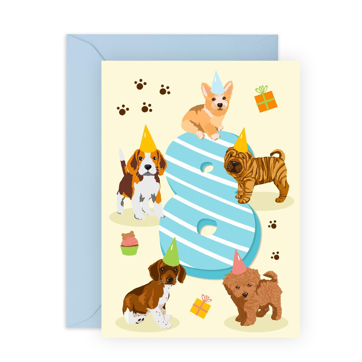 Eighth Birthday Card For Boys - Puppy Birthday Age 8 - Happy 8th Birthday Greeting Card For Kids - Eight Years Old Puppy - Milestone Baby Cards Age Eight - Child - Comes With Sticker By Central 23