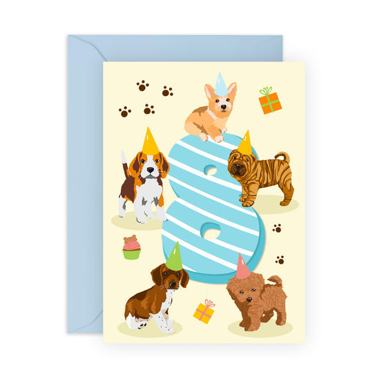 Eighth Birthday Card For Boys - Puppy Birthday Age 8 - Happy 8th Birthday Greeting Card For Kids - Eight Years Old Puppy - Milestone Baby Cards Age Eight - Child - Comes With Sticker By Central 23