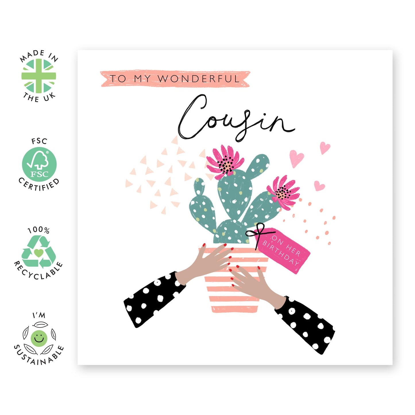 Birthday Card For Cousin - To My Wonderful Cousin Cactus - Happy Birthday Card For Her Women Female Ladies - Elegant Gift For Women - Comes With Stickers - By Central 23