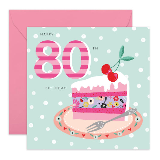 80th Birthday Card For Women - 80th Cherry Cake - Grandmother Birthday Greeting Card - Grandmum Floral Birthday Card - Happy Eightieth Birthday Card Grandma - Comes With Fun Stickers By Central 23
