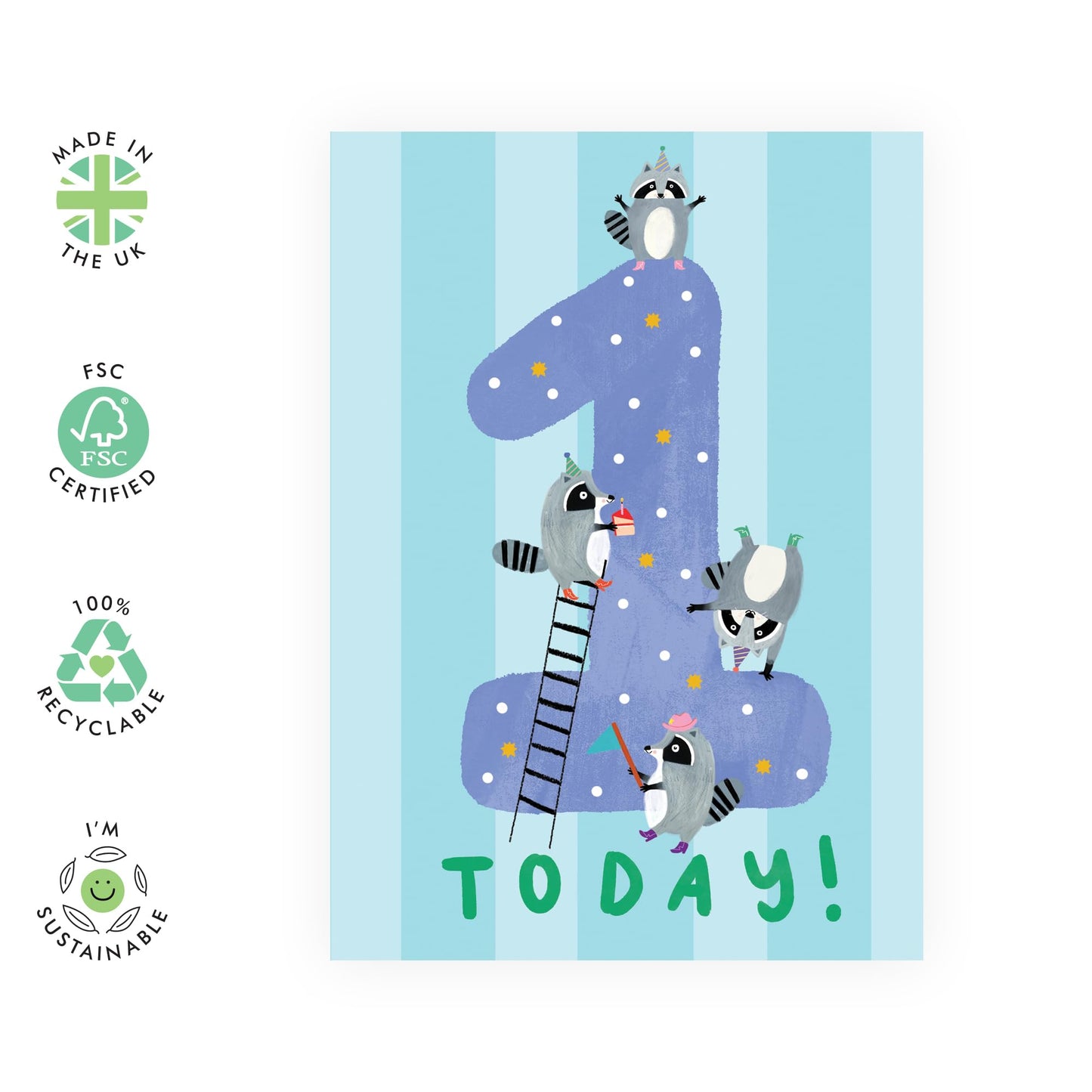 1st Birthday Greeting Card - 'Raccoons Blue One' - Gift for Son, Boys, Kids, Children, Toddlers - First Ever Bday - Comes with Fun Stickers