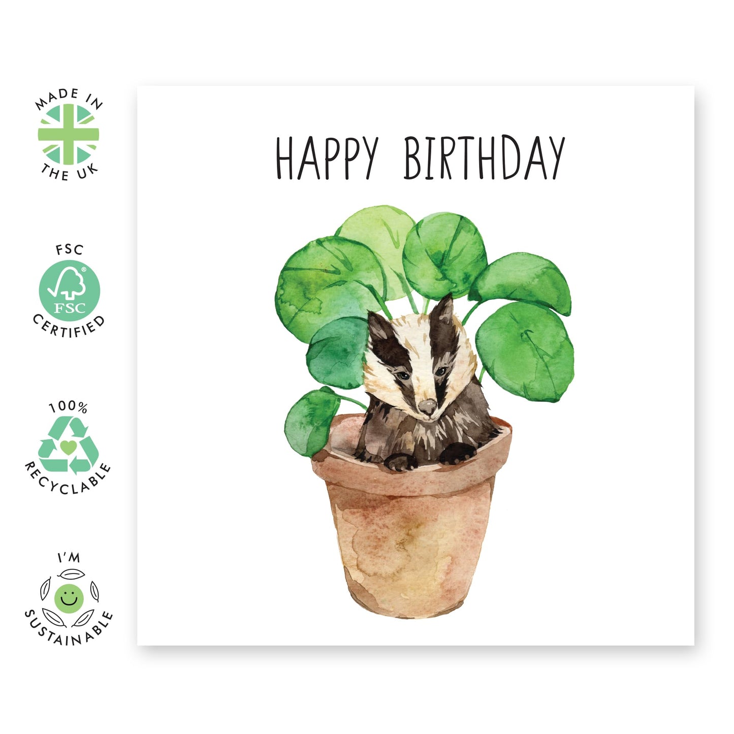 Delightful Birthday Card for Him - 'Badger Plant Pot' - Gifts for Men, Boys, Brother, Coworker - Adorable Animal - Comes with Fun Stickers