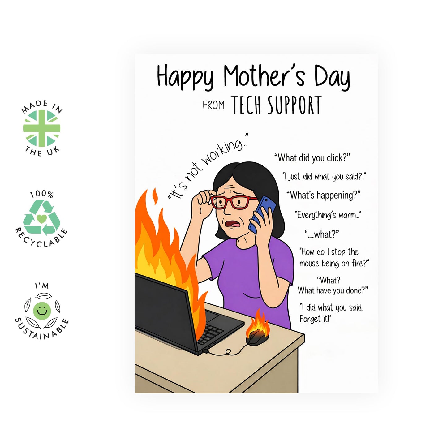 Funny Mother’s Day Card – Funny Tech Support Joke for Mum Oldies Seniors Mama Mummy Her Women - From Son Daughter Teens – Humorous Computer Problem - Comes with Fun Stickers