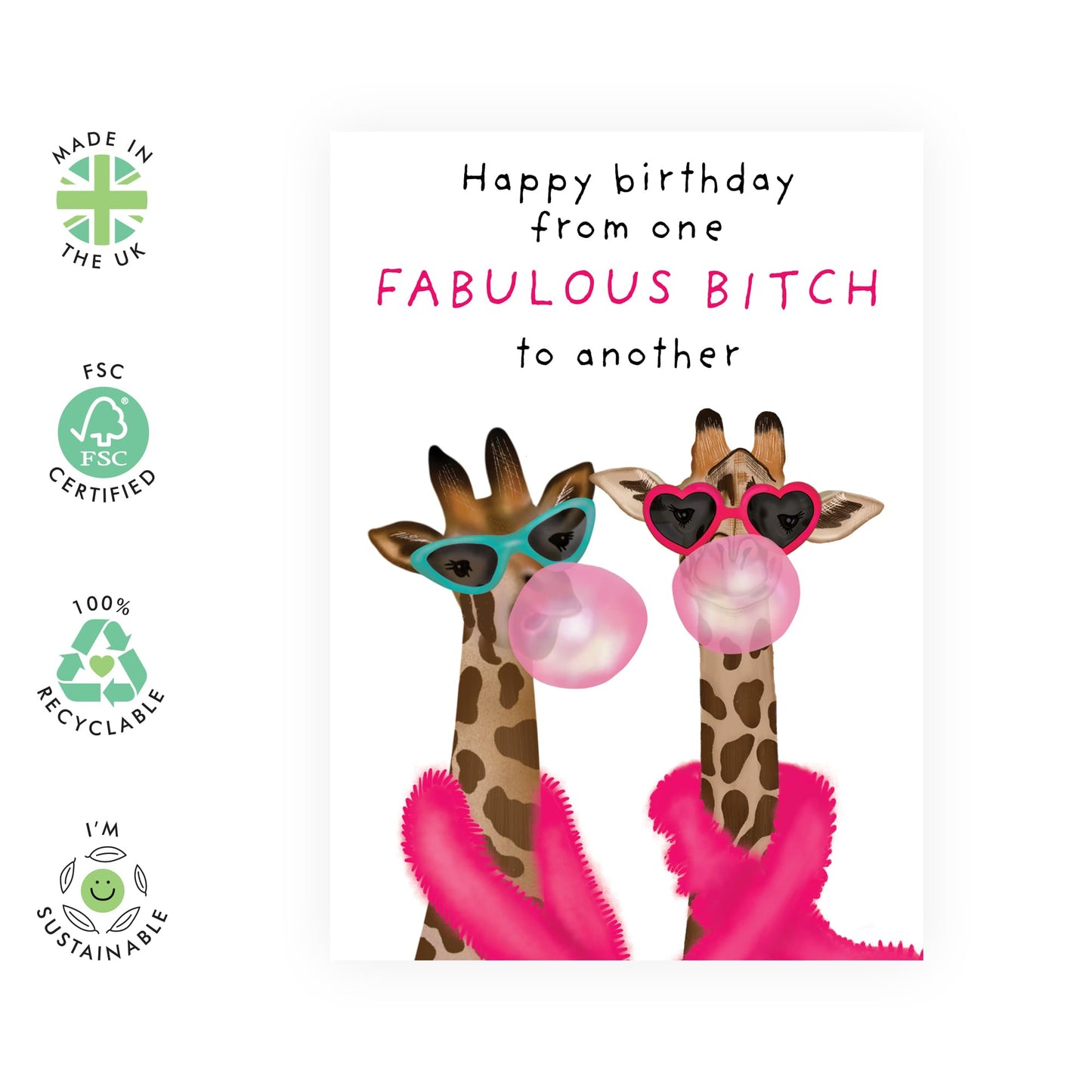 Girly Birthday Party Card - 'Fab B*tch Giraffe' - Gifts for Besties, Best Friends, BFF, Sister, Sis, Cousin, Her, Colleagues, Co-Workers, Gals - Fabulous - Comes with Fun Stickers