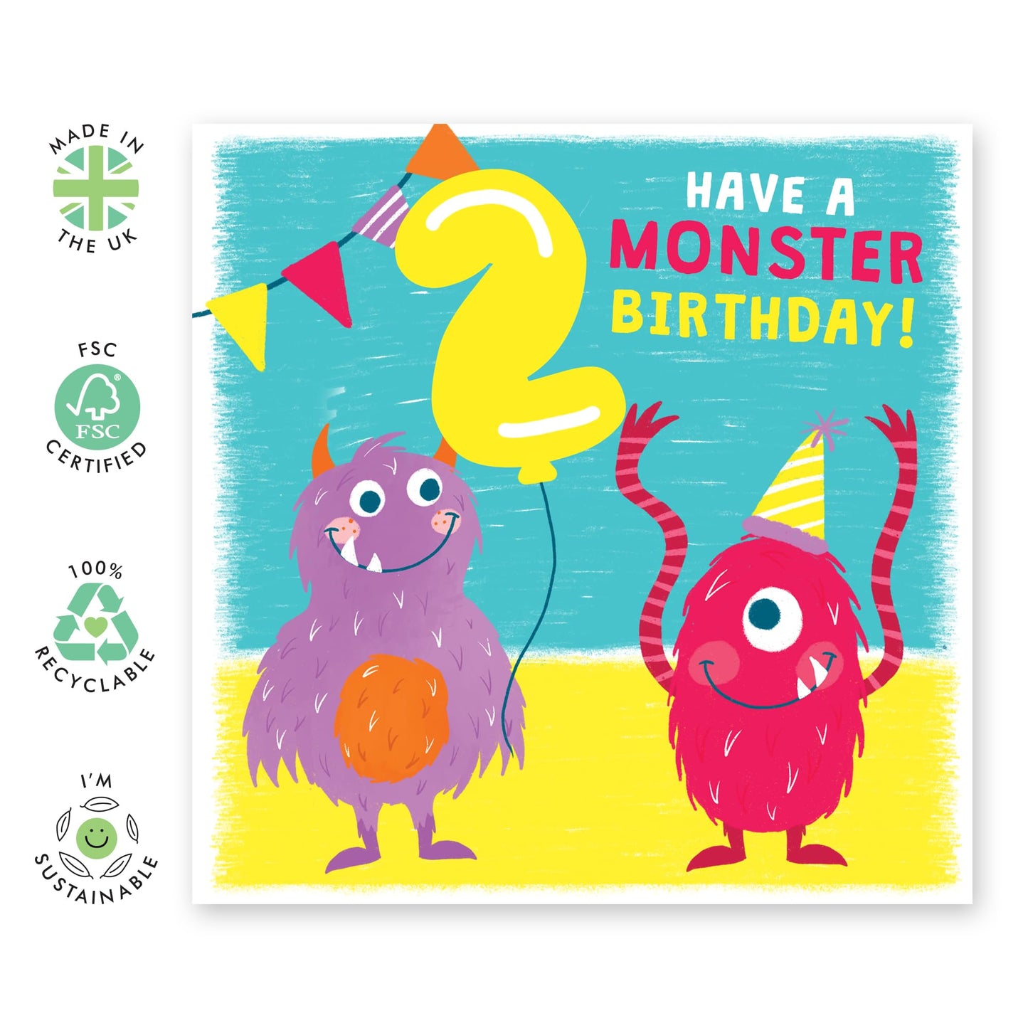 2 Year Old Birthday Card Boy Girls - Party Monsters - Happy Birthday Card For Kids - Second Bday Milestone Gifts For Son Daughter Nephew Niece Grandson - Age Two - Comes With Stickers By Central 23