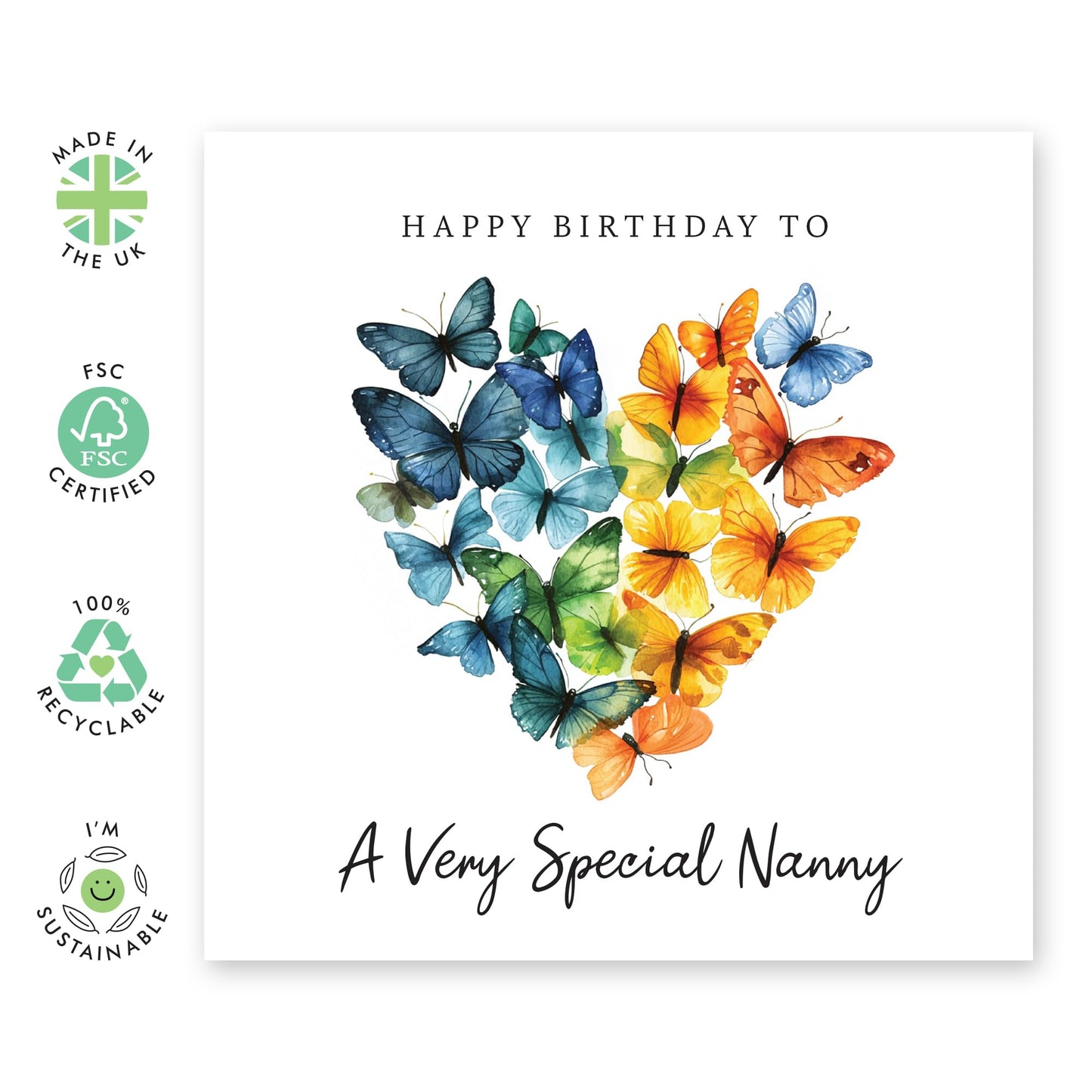 Cute Birthday Card - 'Nanny Birthday Butterfly' - Presents for Nurseaid, Childcarer, Au Pair - Heart Shaped - Comes with Fun Stickers