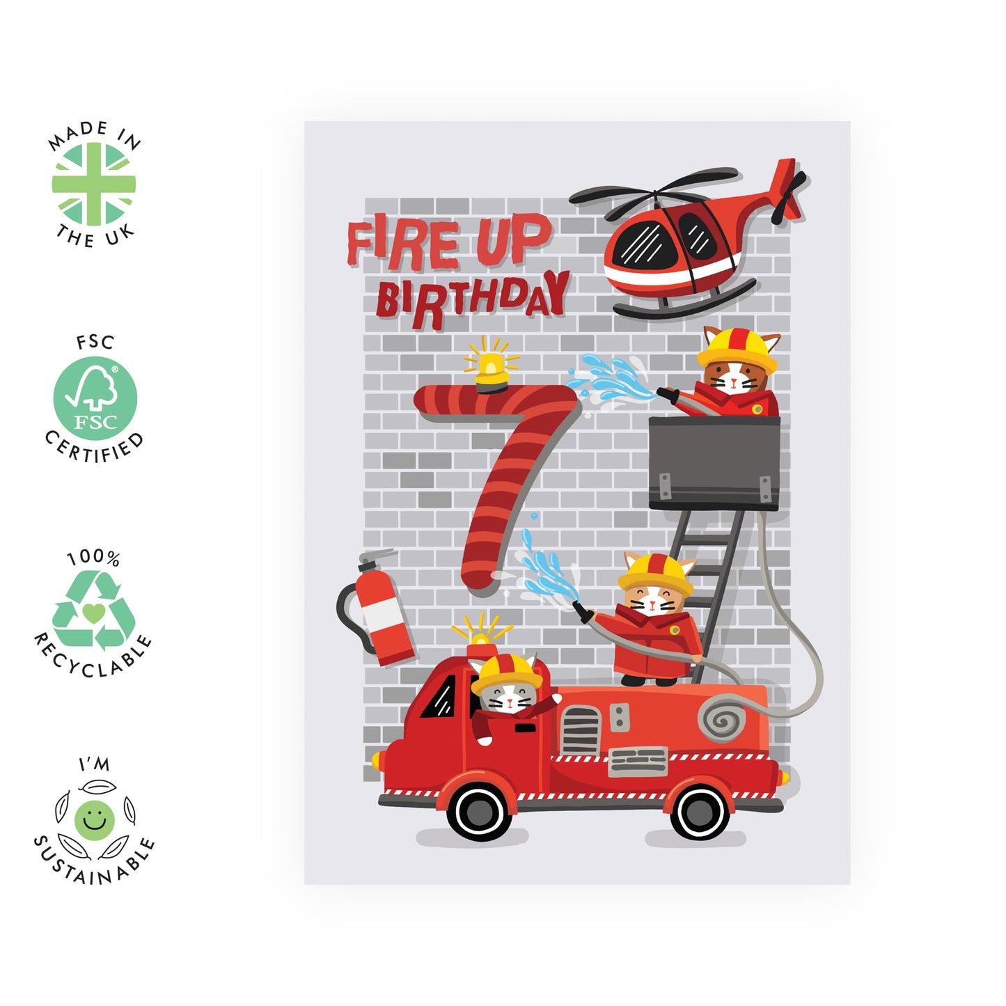 7th Birthday Card For Kids - Happy Seventh Birthday - Fire Engine Helicopter - 7 Year Old Birthday Card For Boy - Age Seven - Gifts For Son Grandson Brother - Comes With Stickers - By Central 23
