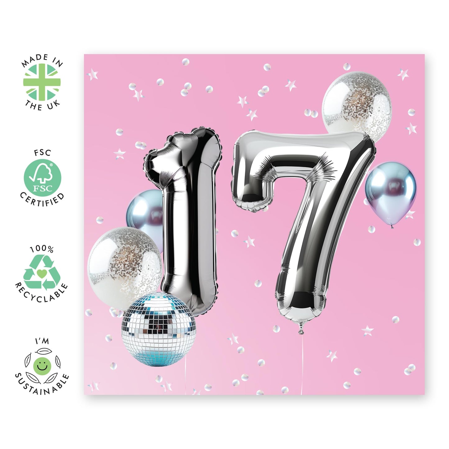 17th Birthday Cards For Kid - Foil Balloon 17 Birthday Party - Girl Birthday Card Seventeen Year Old - Happy Birthday Card For Daughter Granddaughter Niece - Comes With Fun Stickers By Central 23