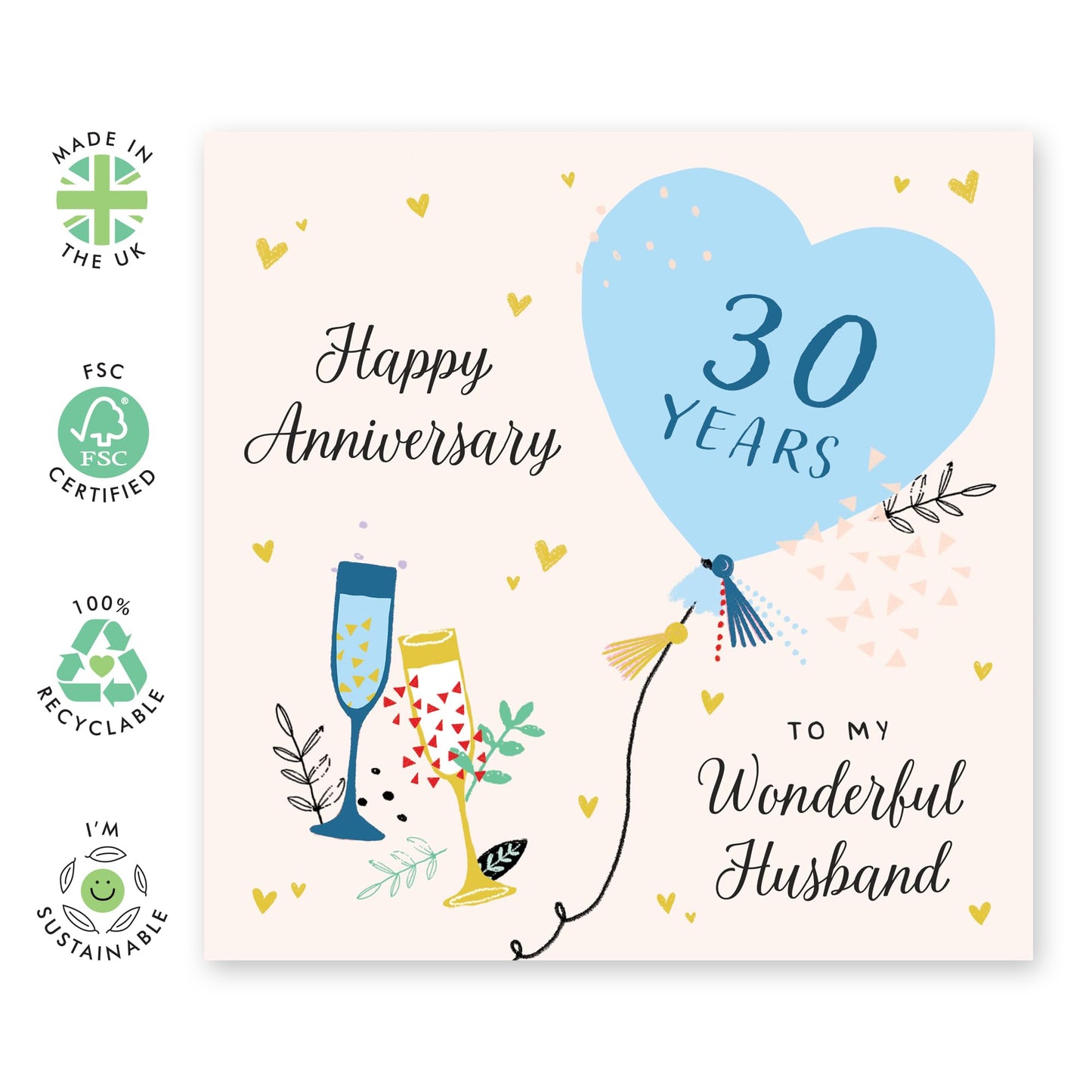 30th Anniversary Card for Husband – Gifts for Him, Spouse, Partner, Mr, Hun, Lovebug, Darling, Sweetheart, Men – Thirty Years Down , Blue Heart Balloon - Comes with Stickers